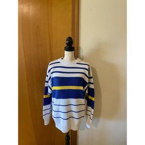 American Weekend Adult M White Bold Blue Yellow Stripe Cotton Pullover Sweater